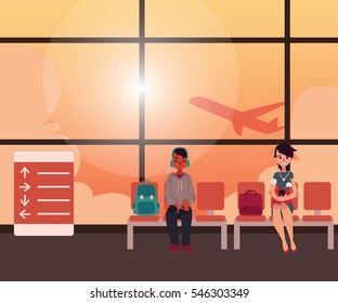 People waiting for flight in airport terminal with airplane taking off against sunset sky, cartoon vector illustration. People in airport lounge zone with airplane departing behind the glass wall