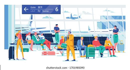 People Waiting for Flight in Comfortable Lounge. Man and Woman Sitting in Airport at Comfortable Chair. They Reading, Working, Talking. Hall with Beautiful View Arriving and Taking off Airplane.