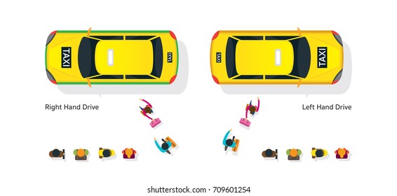 People Waiting And Getting On Taxi, Right And Left Hand Drive, Top Or Above View