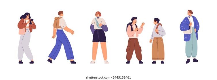 People waiting, going, talking and standing outdoors set. Young adults and children characters on street. Woman with phone, man walking, kids. Flat vector illustration isolated on white background