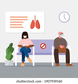 People waiting at hospital vector illustration. Flat diverse characters - old man with eyeglasses, young black woman with cellphone - wearing masks. Medical healthcare, pandemic, coronavirus concept.