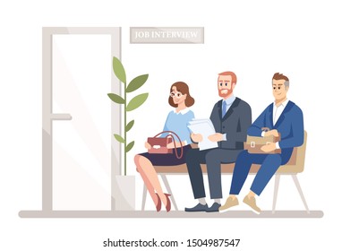 People waiting for job interview flat vector illustration. Smiling men, woman, vacancy candidates sitting under HR manager office door. Unemployed isolated cartoon characters on white background