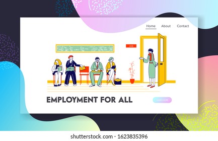 People Waiting Job Interview Website Landing Page. Applicants with Cv Documents Hiring Work. Female Hr Agent Invite Candidate to Cabinet Web Page Banner. Cartoon Flat Vector Illustration, Line Art