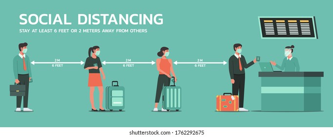people waiting in line at the airport and maintain social distancing to prevent virus spreading and transmission, man and woman keep distance from others, new normal concept, flat vector illustration