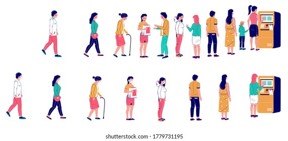 People Waiting In Line At The ATM Machine, Vector Flat Illustration. Long ATM Queue. Customers Standing Right Behind People In One Line And Keeping Social Distancing, Wearing Face Masks In The Other.