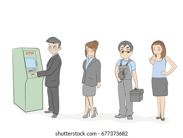 People are waiting in line for an ATM. vector illustration.