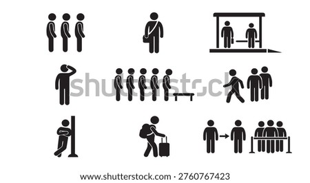 People waiting in line and at bus stop pictograms with stick figure