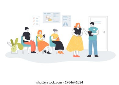 People waiting in line to doctor. Men and women sitting on chairs in hospital hall or clinic office. Female character talking to medical worker. Healthcare concept for banner, website design