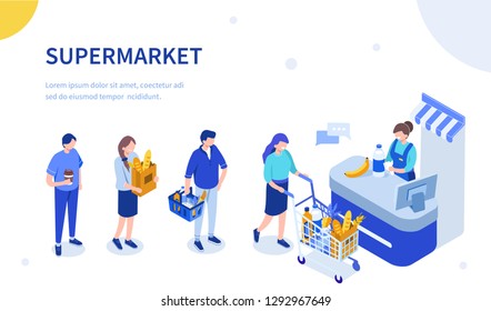 People waiting in line at grocery supermarket. Can use for web banner, infographics, hero images. Flat isometric vector illustration isolated on white background.