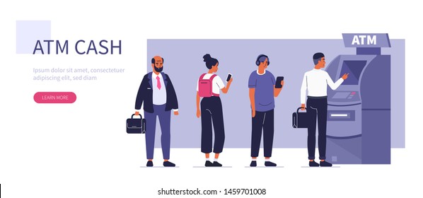 People waiting in line near atm machine. Can use for backgrounds, infographics, hero images. Flat style modern vector illustration.