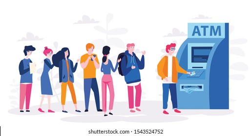 People are waiting in line near ATM machine, Queue at the ATM. Business woman and man are standing in line. Vector illustration, perform financial transactions using ATM. 