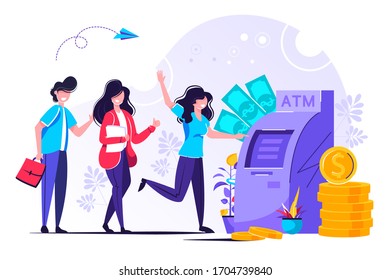 	
People are waiting in line near ATM machine, Queue at the ATM. Business woman and man are standing in line. Vector illustration, perform financial transactions using ATM. 