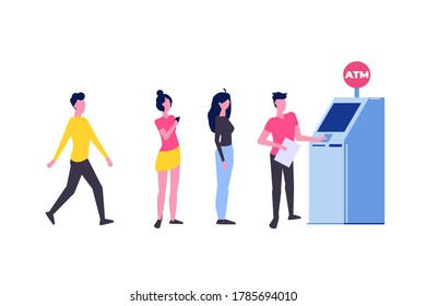 People are waiting in line near ATM machine. Queue at the ATM. Perform financial transactions Vector illustration in a flat style