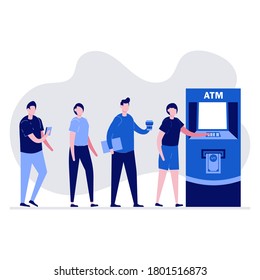 People waiting in line near ATM machine. Queue at the ATM. Modern vector illustration in flat style for landing page, mobile app, web banner, hero images, infographics, template, poster, flyer.