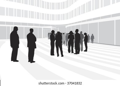 people waiting in line on modern corporate building background