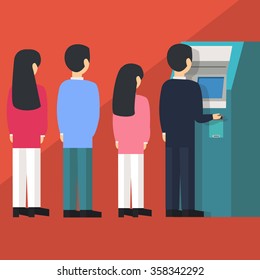 people waiting in line queue to draw money from self-service ATM Automated Teller Machine cartoon vector illustration