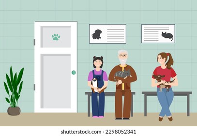 People are waiting in line to see a doctor in a veterinary clinic. Doctor's office. Vector illustration. People and animals. For flyers, covers, advertising, posters, veterinary clinics and shops, 