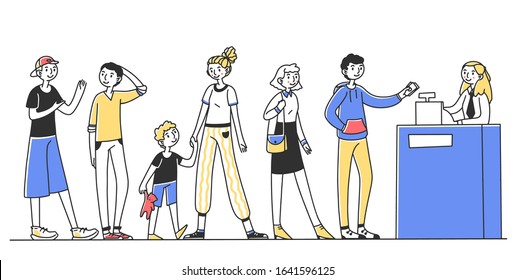 People waiting in line for service vector illustration. Customers standing in queue for payment. Cashier providing service for clients. Shopping in store and supermarket