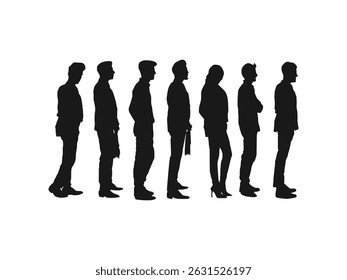 People Waiting In Line silhouette. vector silhouette graphic depicting people waiting. Illustration of crowd of people standing in line in perspective in black and white isolated on white background.
