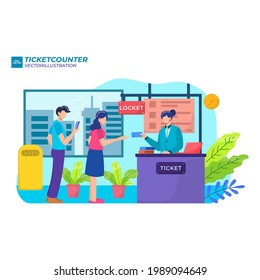 People waiting in line at ticket box or registration counter, vector flat illustration. Characters standing right behind people in one line and keeping social distancing, wearing face masks in other.