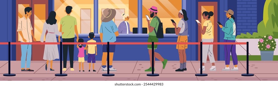 People waiting in line for tickets outside theater diverse crowd colorful attire outdoor setting ticket booth line art