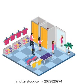 People waiting in line to try clothes in fitting rooms 3d isometric vector illustration concept for banner, website, landing page, ads, flyer template