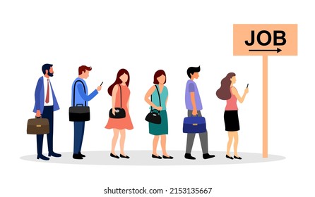 People waiting in long line for job employment. Employee recruitment concept vector illustration on white background.