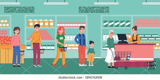 People waiting in long line queue in supermarket. Shopping in foodmarket concept. Cartoon character flat vector illustration.