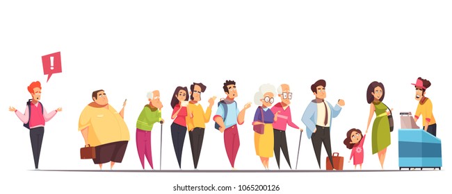 People waiting in long queue at counter with fat man hipster old young couples kid  vector illustration 