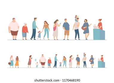 People waiting in long queue at counter. Flat vector illustration.