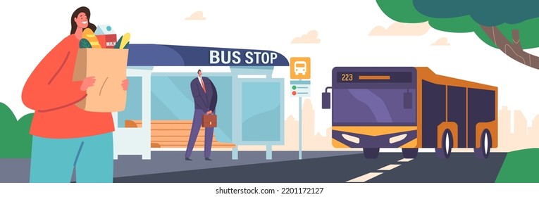Gente esperando en una parada de autobús, mujer con compras y personajes de negocios en la estación de transporte al aire libre en el paisaje urbano. Servicio de Transporte Público de Pasajeros. Ilustración del vector de dibujos animados