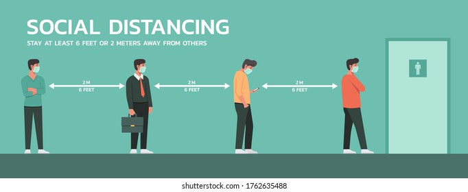 people waiting on queue to use public men toilet and maintain social distancing to prevent virus spreading and transmission, man keep distance from others, new normal concept, flat vector illustration