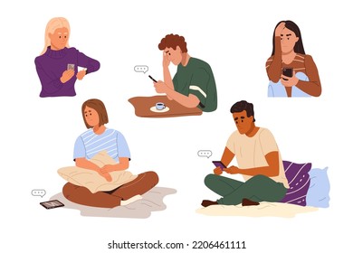 People are waiting for a phone call or online message. Sad frustrated men and women with smartphones typing, expecting for sms. Flat vector illustration isolated on white background