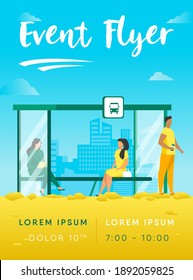 People waiting public transport at bus stop. Bench, reading, cityscape flat vector illustration. Transportation and urban lifestyle concept for banner, website design or landing web page