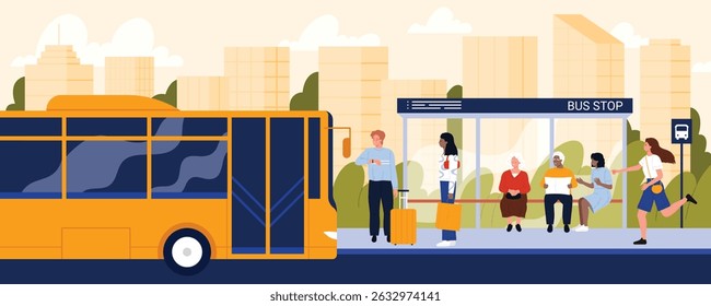 Pessoas esperando transporte público no ponto de ônibus. Diverso de passageiros sentados com jornal no banco, de pé à beira da estrada com mala e saco para esperar, correndo atrasado para ilustração de vetor de desenhos animados de ônibus