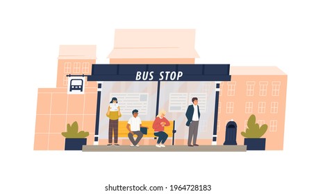 People waiting for public transport at urban bus stop. Men and women sitting and standing at city municipal station. Colored flat vector illustration of commuters isolated on white background