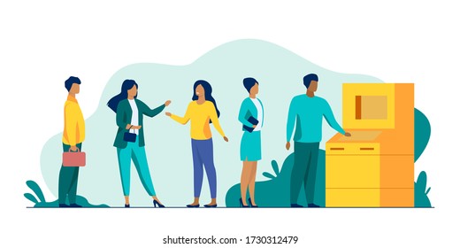 People waiting in queue for bank machine vector illustration. Customers standing in line for payment. Withdrawing money in bank