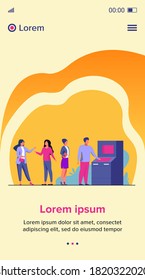 People waiting in queue for bank machine vector illustration. Customers standing in line for payment. Withdrawing money in bank