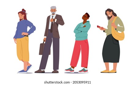 People Waiting in Queue, Male and Female Characters Stand in Line Look on Wrist Watch, Messaging or Boring. People Wait Stand in Row Isolated on White Background. Cartoon Vector Illustration, Clip Art - Shutterstock ID 2053095911