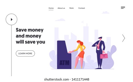 People Waiting in Queue Near ATM Landing Page. Cash Machine Concept with Man and Woman Standing in Line. Financial Transaction Web Banner. Vector flat illustration
