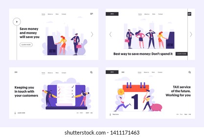 People Waiting in Queue Near ATM Landing Page. Cash Machine Concept with Man and Woman Standing in Line. Financial Transaction, Electronic Bill, Monthly Payment Web Banner. Vector flat illustration