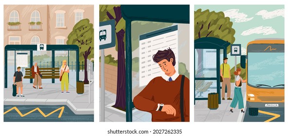 People waiting in queue on bus stop vector illustration set. Man looks at bus schedule and checks time on his watch. Passengers boadring bus at city station. Urban transport concept
