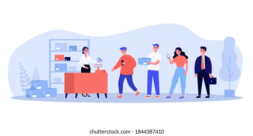 People waiting in queue in post office. Box, parcel, letter flat vector illustration. Delivery and postal service concept for banner, website design or landing web page