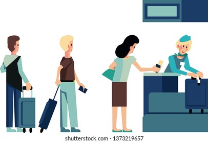 People waiting in queue to registration desk. Woman hand over luggage to check in counter. Passengers check in for international or domestic flight. Departure from airport. Flat vector illustration