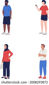 People waiting in queue semi flat color vector characters set. Multiracial figures. Full body people on white. Clients isolated modern cartoon style illustration for graphic design and animation