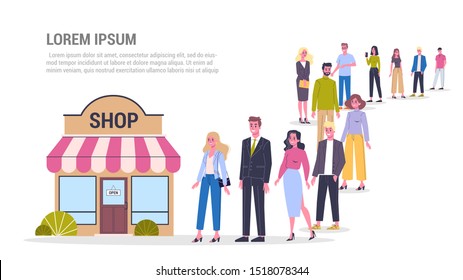 People waiting in queue to the shop. Crowd going to the store. Woman with smartphone. Isolated vector illustration in flat style