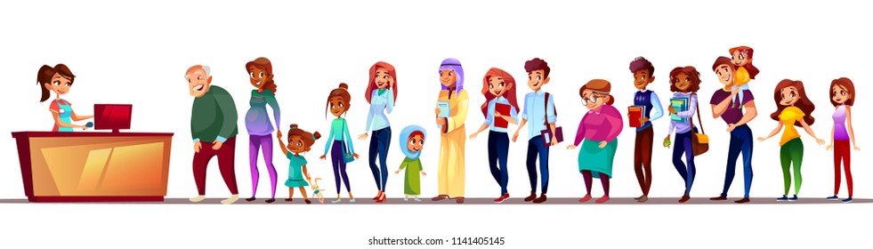 People Waiting In Queue Vector Illustration. Crowd Long Line Standing At Registration Counter With Patience Of Saudi Arabian And Asian Old Woman, Pregnant Girl Or Black Afro American Man With Kid Boy