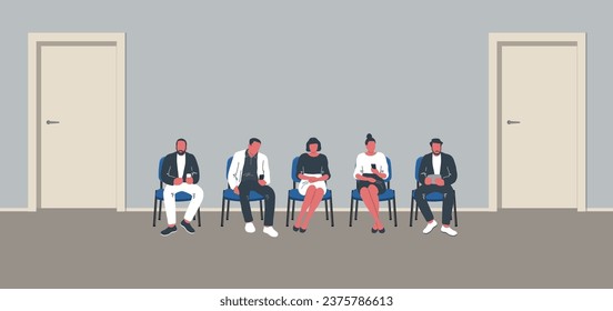 People in the waiting room. People waiting in line. Men and women sit on chairs and look at their phones. Waiting hall in a blue color. Corridor interior. Blue chairs near the doors. Vector.