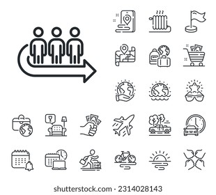 People waiting sign. Plane jet, travel map and baggage claim outline icons. Queue line icon. Direction arrow symbol. Queue line sign. Car rental, taxi transport icon. Place location. Vector