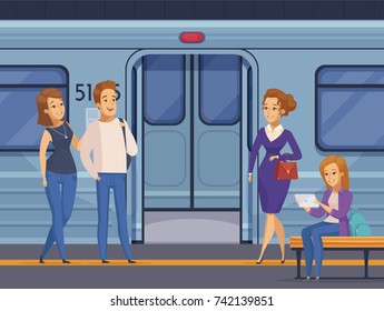 People waiting at subway underground station with open metro train doors on background cartoon composition  vector illustration